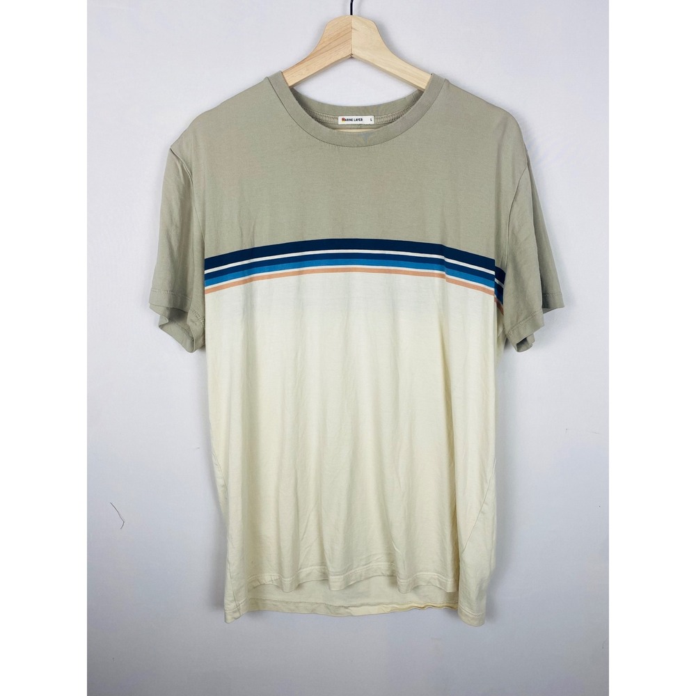Marine Layer Mens Large Striped Colorblock T-Shirt Sage Green Cream 17245